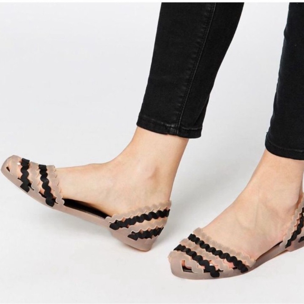 Mel by Melissa Sweetie Jelly D’Orsay Rubber Flats Rickrack Tan and Black…